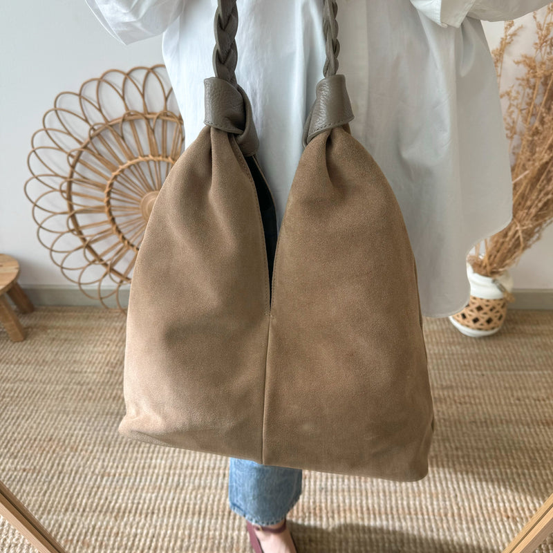 Bolso serraje asa trenza en piel taupe