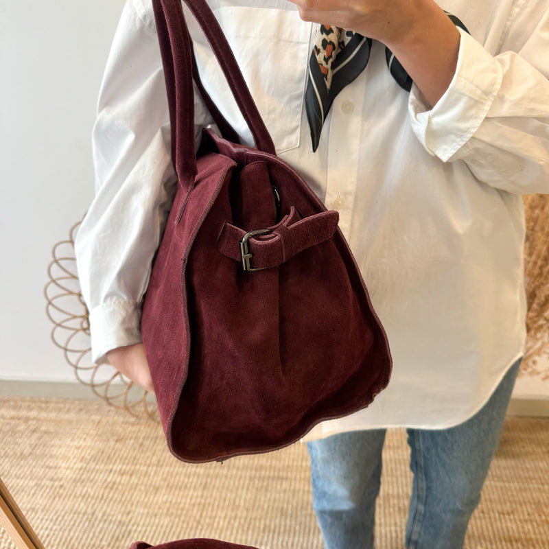 Bolso shopper hebillas serraje granate