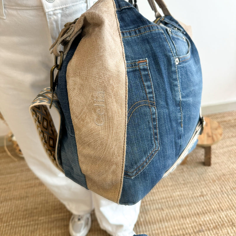 Bolso denim/piel taupe iniciales bordadas