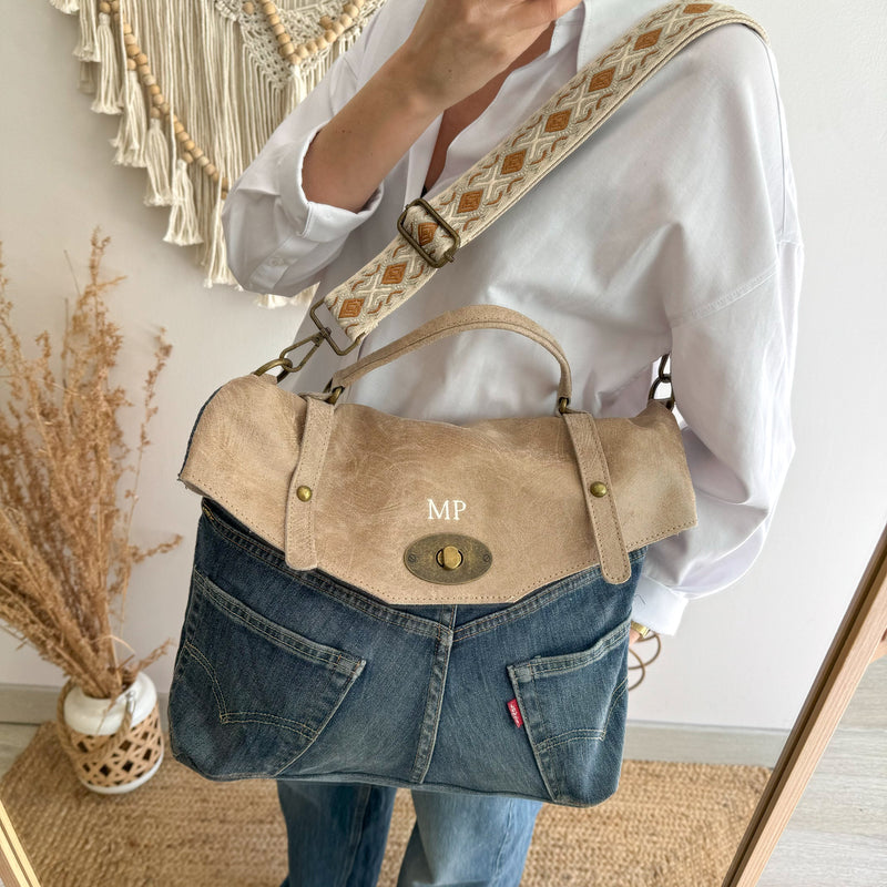 Bolso combinado denim/piel taupe iniciales bordadas