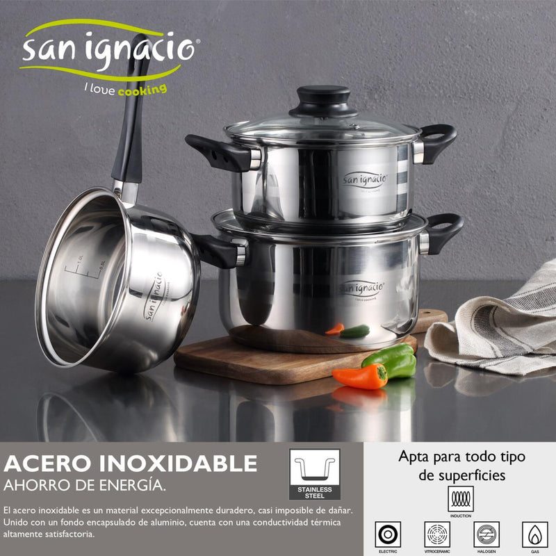 Juego de 3 sartenes rojas Ø16/20/24 y batería de cocina 5 pzs San Ignacio Aluminio prensado y acero inox. Apto para inducción