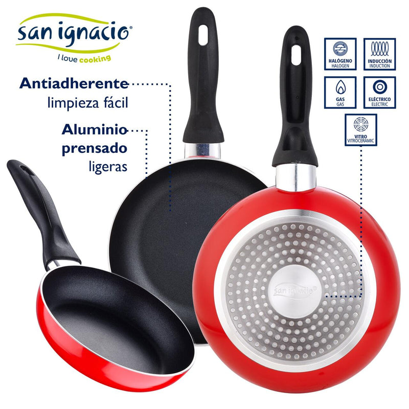 Juego de 3 sartenes rojas Ø16/20/24 y batería de cocina 5 pzs San Ignacio Aluminio prensado y acero inox. Apto para inducción