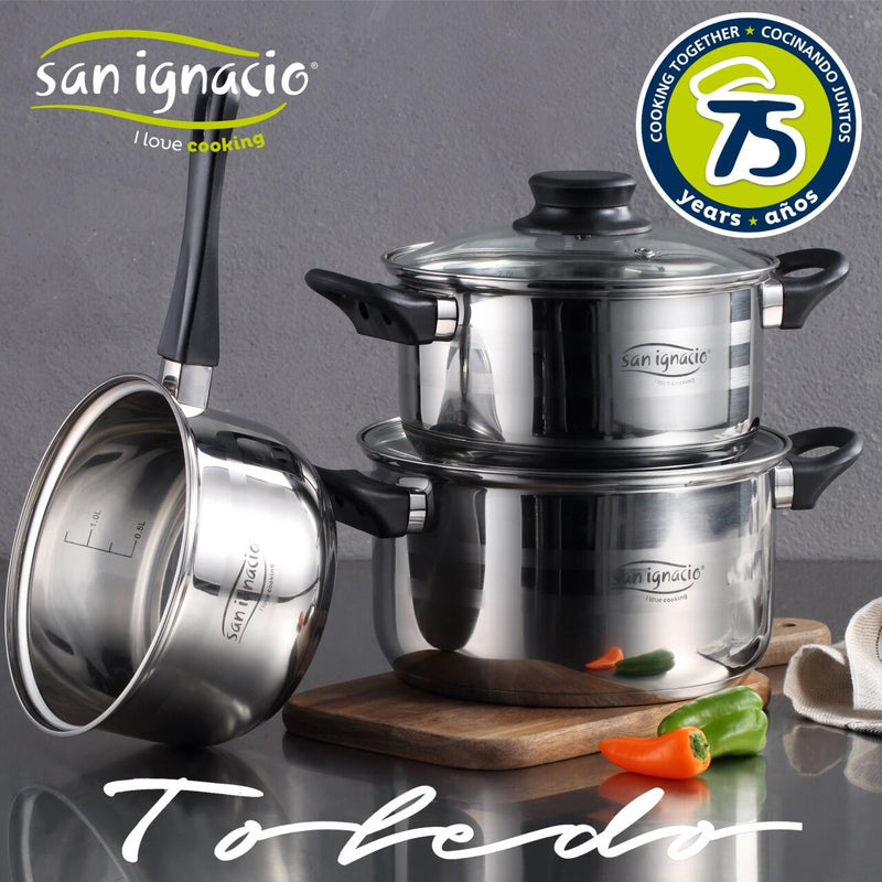 Juego de 3 sartenes rojas Ø16/20/24 y batería de cocina 5 pzs San Ignacio Aluminio prensado y acero inox. Apto para inducción