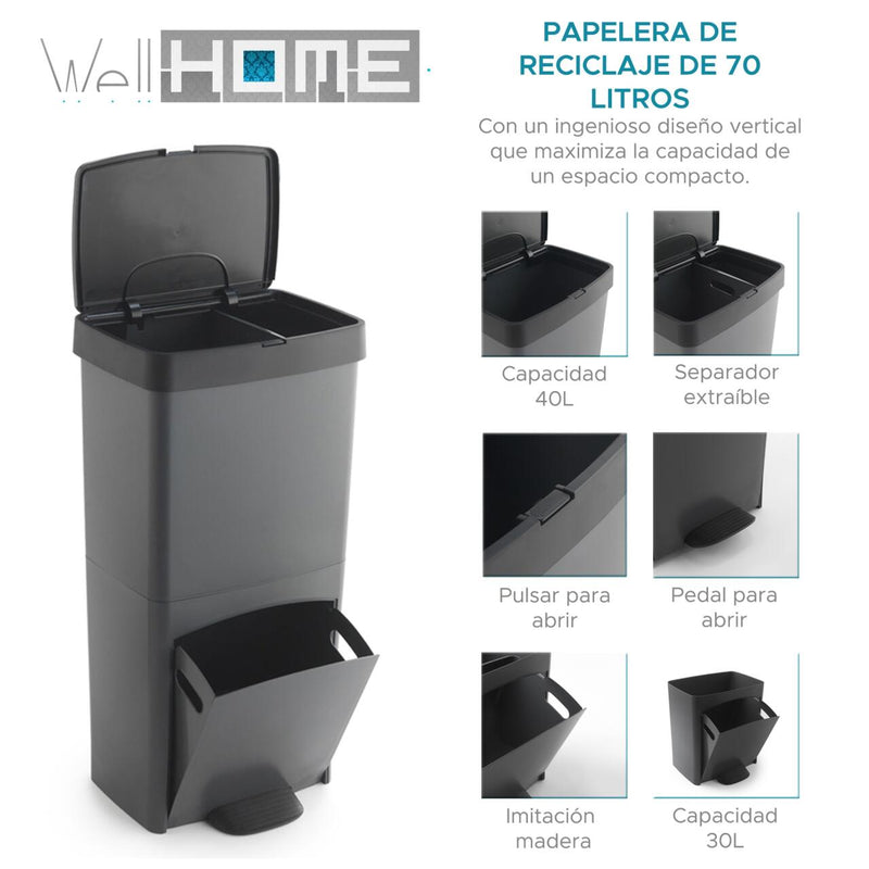 Cubo de Basura Vertical 70L con 2 Compartimentos - Gestión Compacta