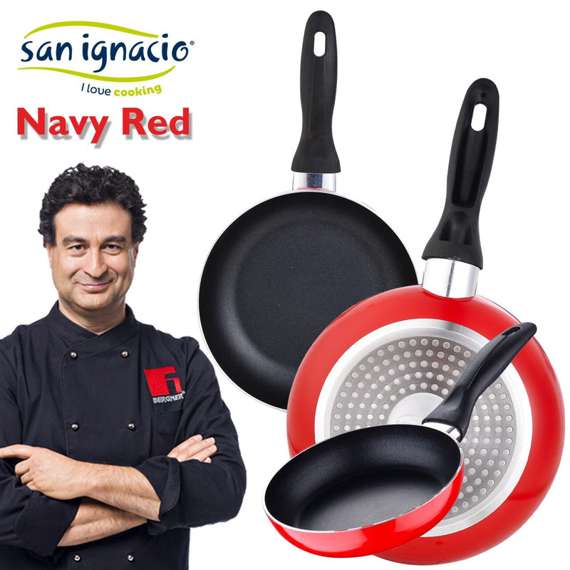 Juego de 3 sartenes rojas Ø16/20/24 y batería de cocina 5 pzs San Ignacio Aluminio prensado y acero inox. Apto para inducción